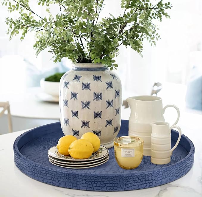 HofferRuffer Round Serving Tray 20'', Elegant Faux Leather Circle Ottoman Table Tray, Serve Tea Coffee Breakfast in Bedroom Living Room Kitchen (Blue, 20")