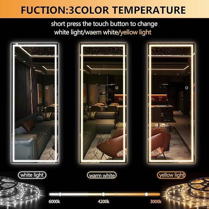 Hasipu LED Over Door Mirror Full Length, 44" x 15.8" Lighted Full Body Wall Mounted Mirror, Light Up Long Dressing Mirror, Square Black