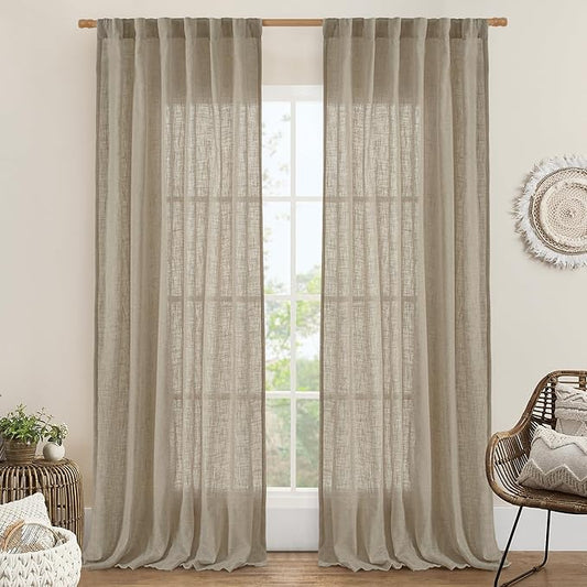 LAMIT Taupe Linen Curtains 90 Inch for Living Room, Back Tab and Rod Pocket Linen Textured Farmhouse Curtains Light Filtering Drapes for Bedroom/Dining Room, Set of 2, 52 x 90 Inch