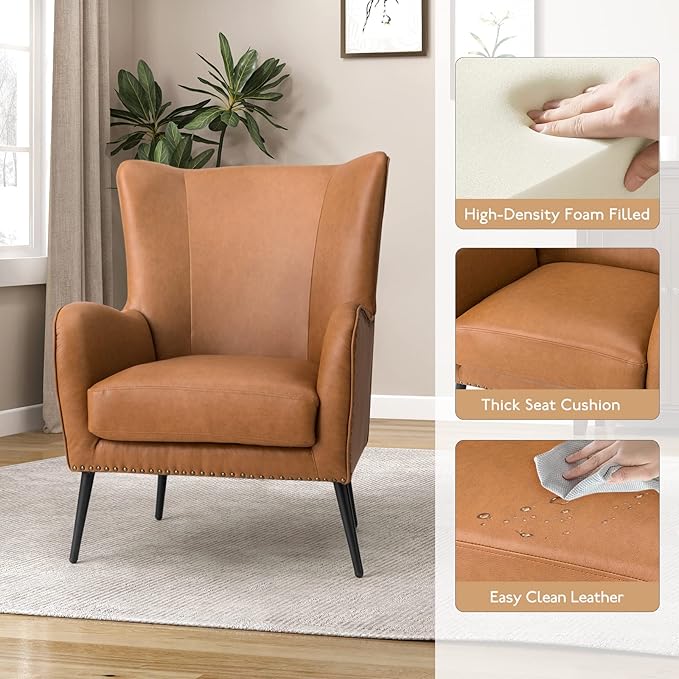 HULALA Home Faux Leather Accent Chair w/Removable Cushion, Comfy Upholstered Armchair with Black Metal Legs & Nailhead Trim Wingback Vanity Chair Desk Chair for Reading Living Room Bedroom, Camel