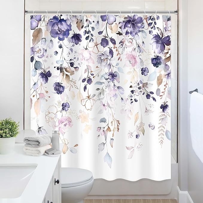 Floral Flower Shower Curtain 60Wx72L Inch Purple Pink Leaf Rustic Girly Boho Wildflower Eucalyptus Botanical Plant Country Bathroom Set Spring Bath Curtain Bathtub Accessories Home Decor