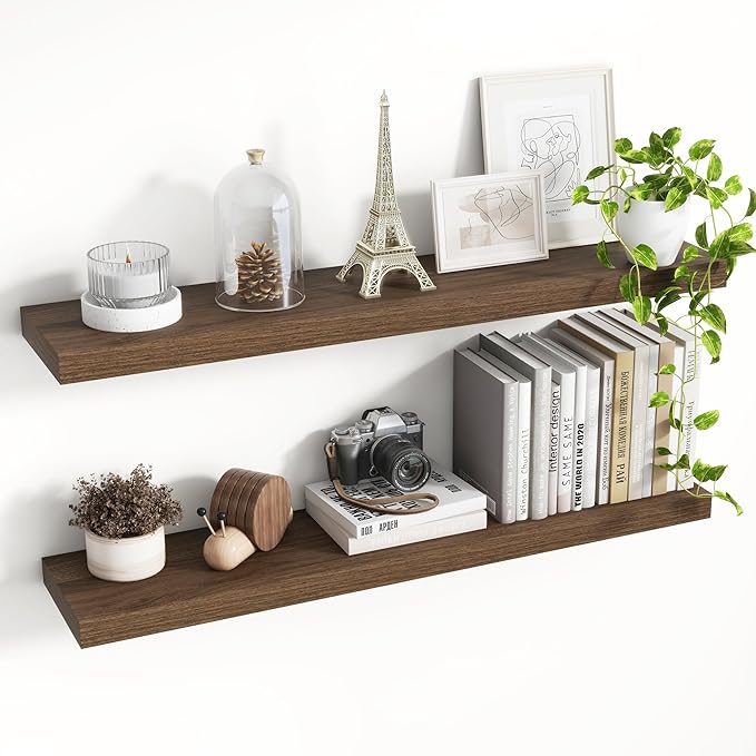 36 Inch Floating Shelves, 8 Inch Deep Floating Shelves for Wall, Hanging Shelf with Invisible Brackets, Deep Shelves for Bathroom, Bedroom, Living Room, Walnut, Set of 2