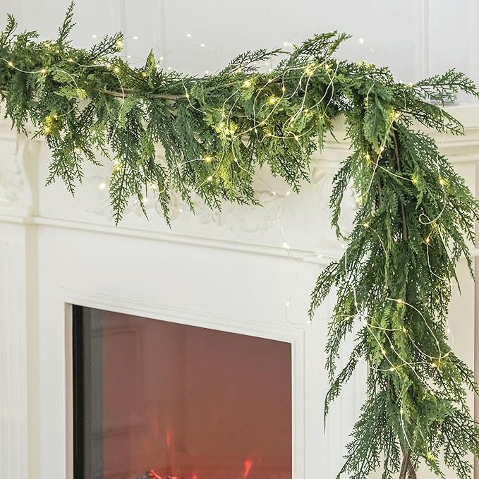 6ft Handmade Christmas Garland,Cedar Artificial Greenery with LED String Lights,Seasonal Garland for Fireplace Indoor Outdoor Winter Holiday Decoration