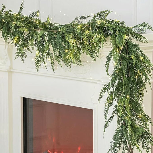 6ft Handmade Christmas Garland,Cedar Artificial Greenery with LED String Lights,Seasonal Garland for Fireplace Indoor Outdoor Winter Holiday Decoration
