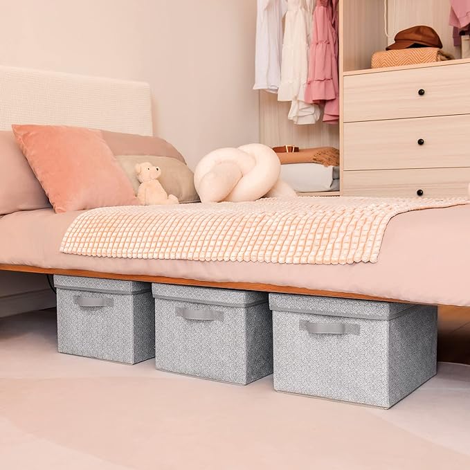 GRANNY SAYS Fabric Boxes with Lids, Storage Bins with Handles, Shelf Bins for Organizing, Extra Large Storage Boxes for Linens Clothes, Decorative Storage Containers, Gray, 3-Pack