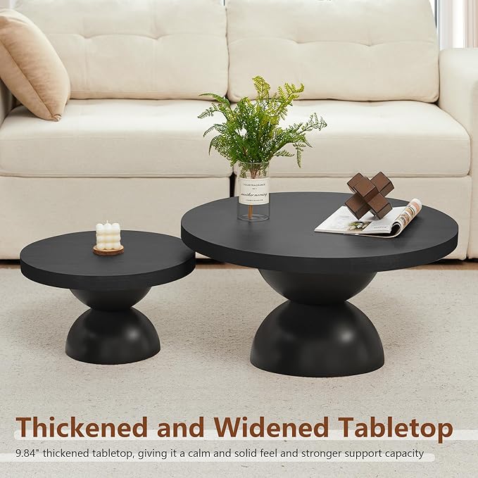 Solid Wood Round Nesting Coffee Table Set of 2, Circle Accent Tables with Unique Semi-Circular Legs, Mid Century Modern Side End Table Set for Small Space Living Room Office (Black)