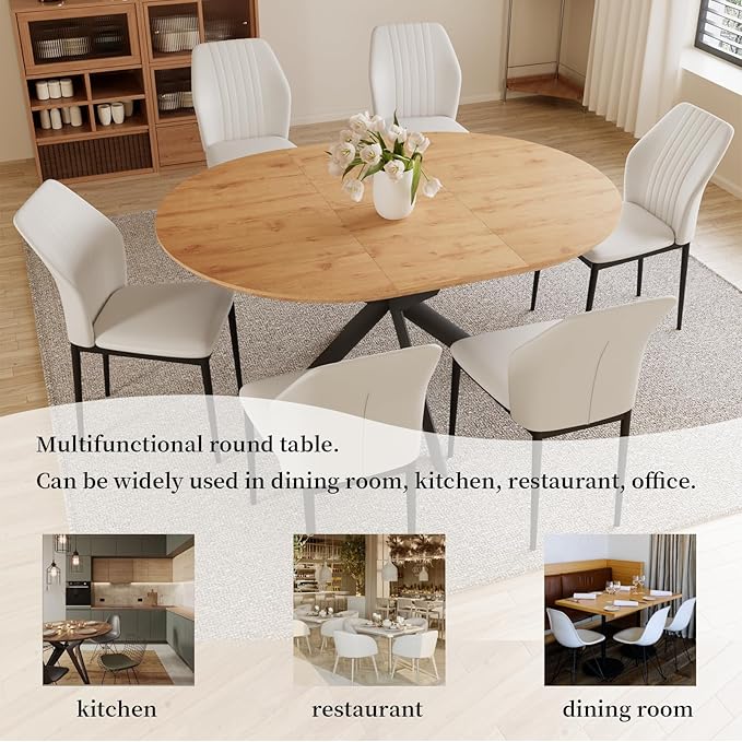 43.2"-59.1" Extendable Round Dining Table Set, Round Table for 4-6 Person with Scratch-Resistant Thickened MDF Board, Oak Coffee Table w/Metal Legs