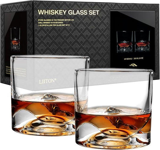LIITON Denali Mountain Heavy Crystal Whiskey Glasses Gift Set of 2, Thick Freezable Bourbon Glass 1lb Each, Premium Whiskey Gifts for Men, Frozen Crystal Chills Cocktails, 10 oz