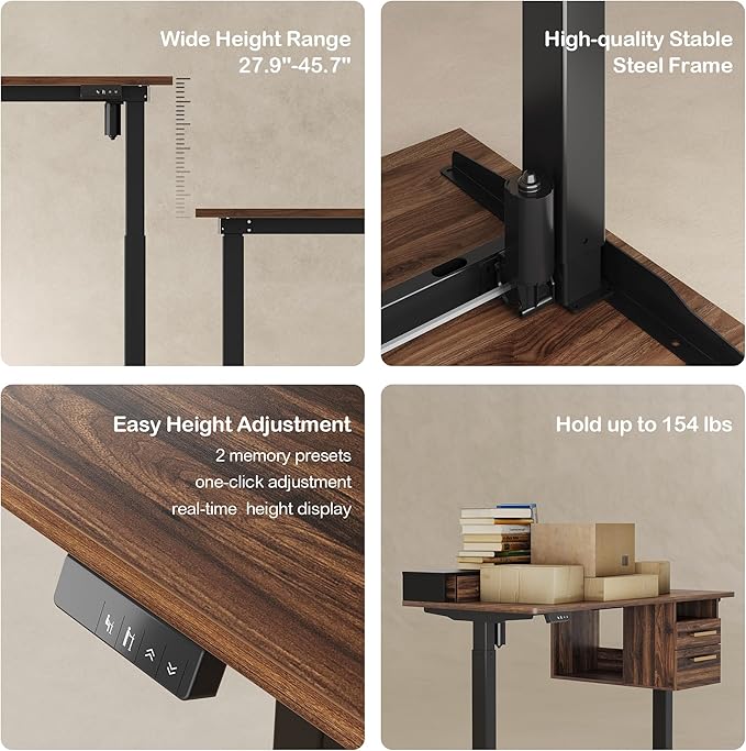 Electric Standing Desk with 4 Drawers, 47.2 x 23.6 Inch Height Adjustable Whole Piece Sit Stand Desk, Computer Home Office Workstation with Open Storage Shelf, Black Walnut