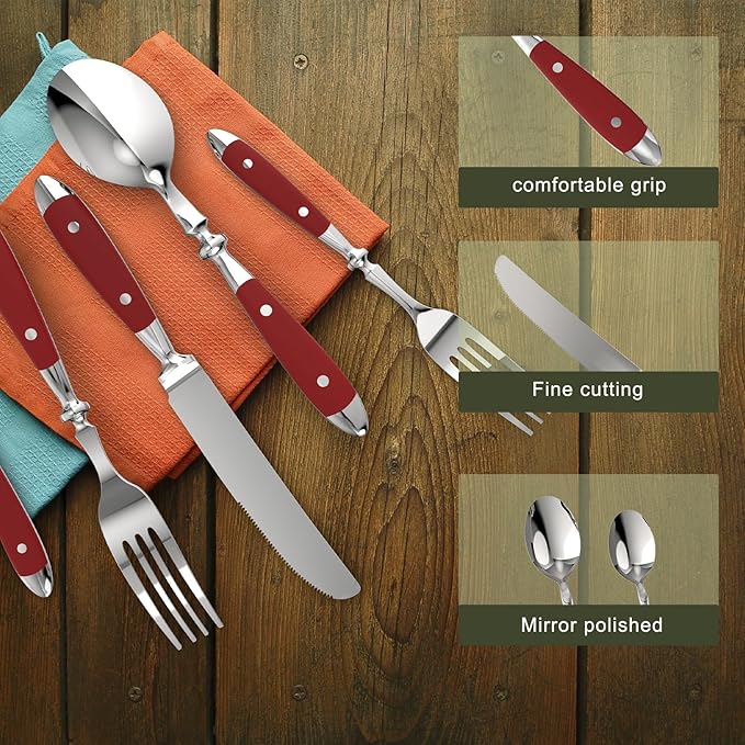 5-Piece Silverware Set Stainless Steel Flatware Set Service for 1 Vintage Cutlery Set with Red Color Bakelite Handle Dishwasher Safe