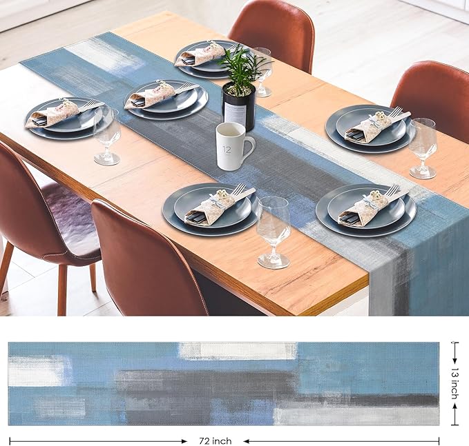 Emvency Farmhouse Table Runner, Vintage Grey Blue Abstract Art Painting for Kitchen Coffee Table Family Dinners Holiday Parties Wedding Events Decor(13x72 inch)