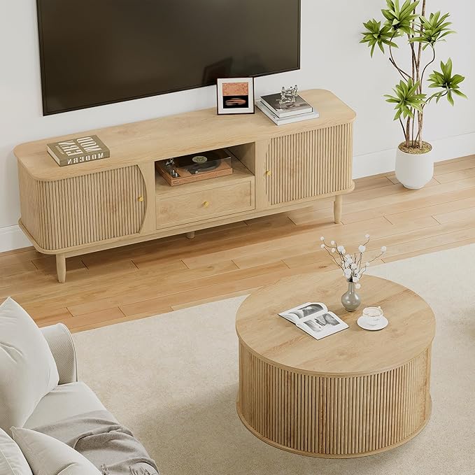 Lift Top Coffee Table, Fluted Round Coffee Table with Storage, Farmhouse Center Dining Table Circle Table for Living Room, Apartment, Home Office (Natural)