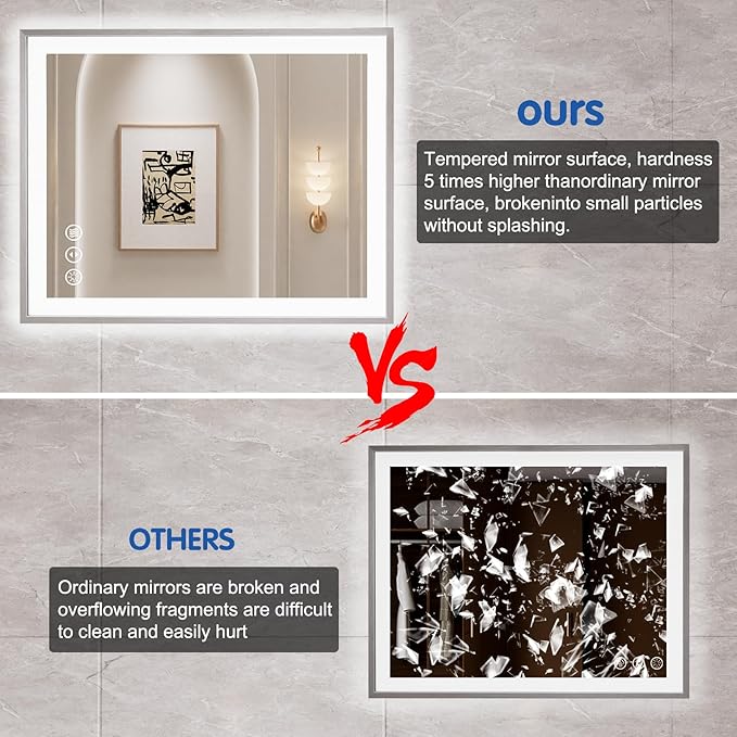 36x36 Silver LED Bathroom Mirror, Brushed Nickel Lighted Mirror for Wall, Stepless Dimmable Led Vanity Mirror with Front-lit and Backlit, Tempered Glass, Anti-Fog, Memory