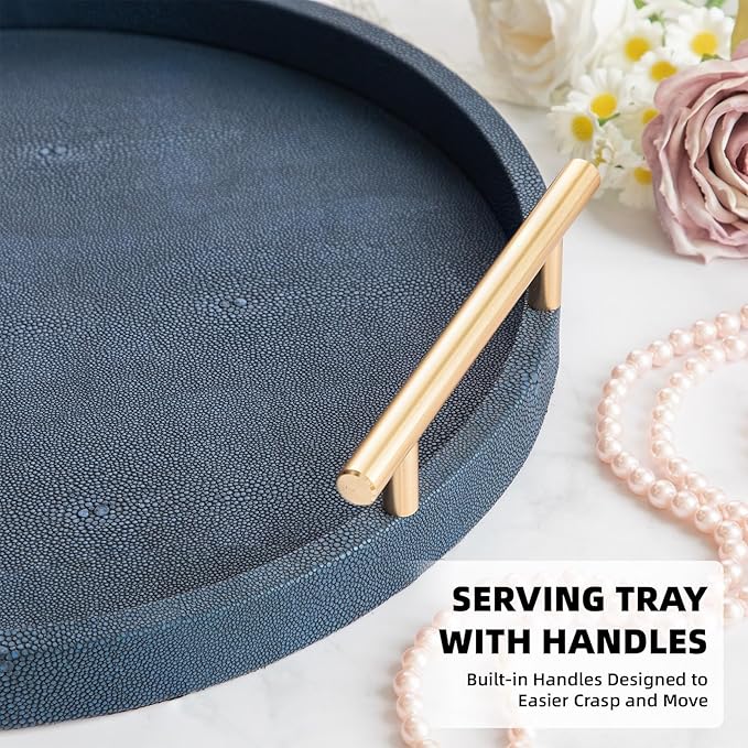 Modern Decorative Serving Tray, Round Shagreen Tray with Gold Polished Metal Handles, Decorative Trays Coffee Table Ottoman Trays for Living Room Bathroom Home Decor, Set of 2 (Blue)