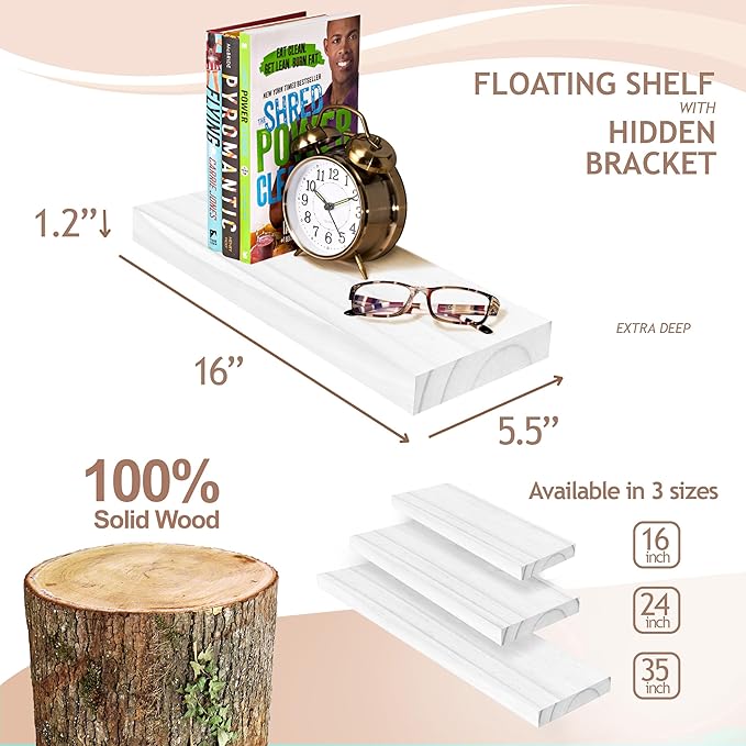 Sorbus Wood Floating Shelves for Wall - 16” Solid Wood Wall Shelves for Bathroom Decor, Books, Bedroom & Living Room - Set of 2 White Wall Mounted Kitchen Shelves - Durable Solid Pine