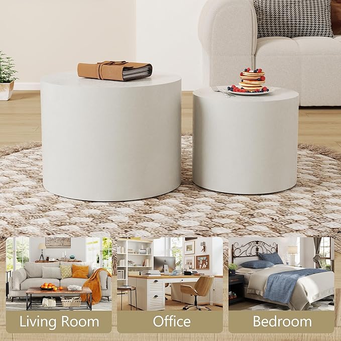 Nesting Coffee Table Set of 2, White Round Nesting Table Modern Circle Coffee Tables Side End Tables for Small Spaces Living Room, Bedroom, Office, Balcony