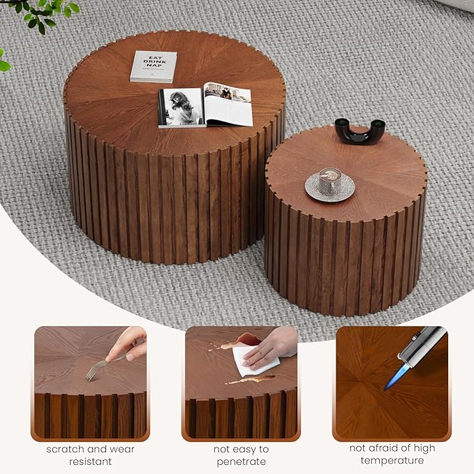 Nesting Coffee Tables Set of 2 Wooden Round Coffee Table Circle Nesting Table Space-Saving Design Modern Coffee Table Round Accent Tables Set for Living Room Bedroom Office (Brown B D27.5+D19.7“)