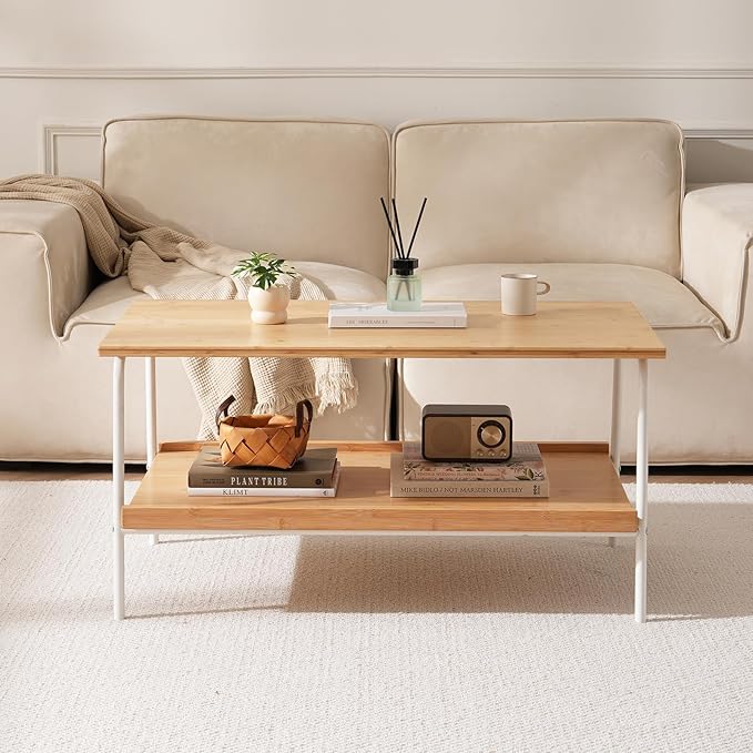 Bamboo 2 Layer Coffee Table - Tier Storage Mid Century Modern Farmhouse Center Table for Living Room, Bedroom, Office, Patio(Natural)