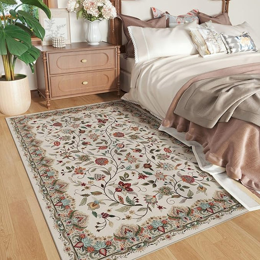 Rugcomf Vintage Paisley 3'x5' Area Rug - Machine Washable, Non-Slip Low Pile Small Floral Carpet for Bedroom, Bedside, Kitchen, Entryway, Kids/Girls Room, Office - Beige