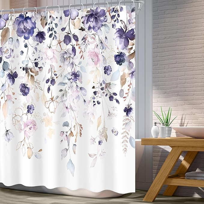 Floral Flower Shower Curtain 60Wx72L Inch Purple Pink Leaf Rustic Girly Boho Wildflower Eucalyptus Botanical Plant Country Bathroom Set Spring Bath Curtain Bathtub Accessories Home Decor