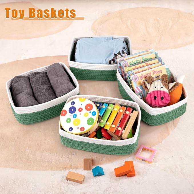 OIAHOMY 4 Pack Storage Baskets for Organizing, Small Bins for Shelves, Cute Decorative Storage Bins, Organizer Baskets for Gifts Empty, 11.8''Lx7.8''Wx4.7''H, Green/White