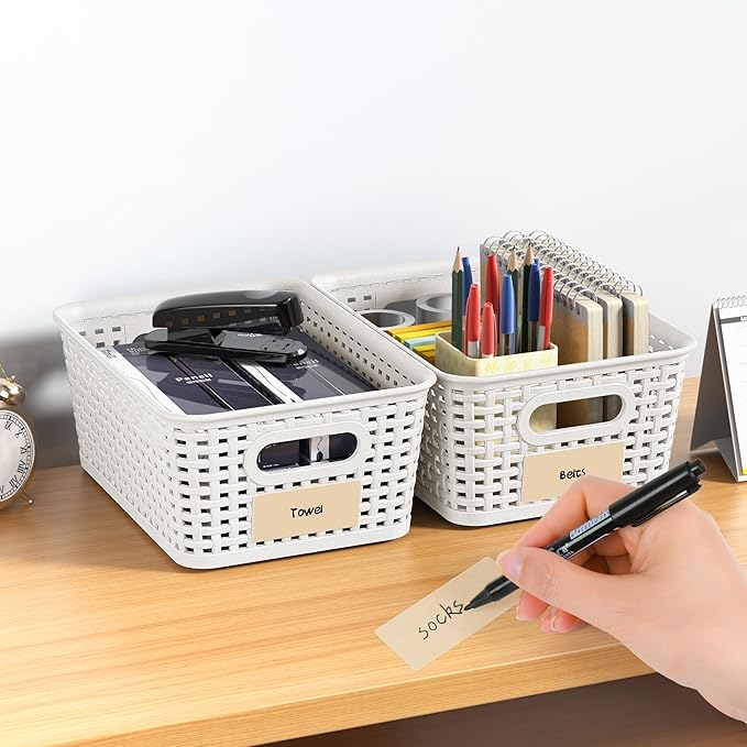 White Plastic Storage Baskets - Pack of 8 with Labels Stackable Durable Storage Bins, Storage Containers for Organizing Desktops, Closets, Playrooms, Classrooms, Offices