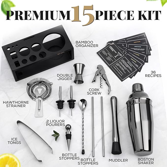 Black Stainless Steel Cocktail Shaker Set with Wood Stand - 15 Piece Bartender Kit with Drink Shaker, Bar Spoon, Jigger, Muddler, Strainer, Bottle Opener, Stopper, Pour Spout, Stirrers, Tongs, Recipes