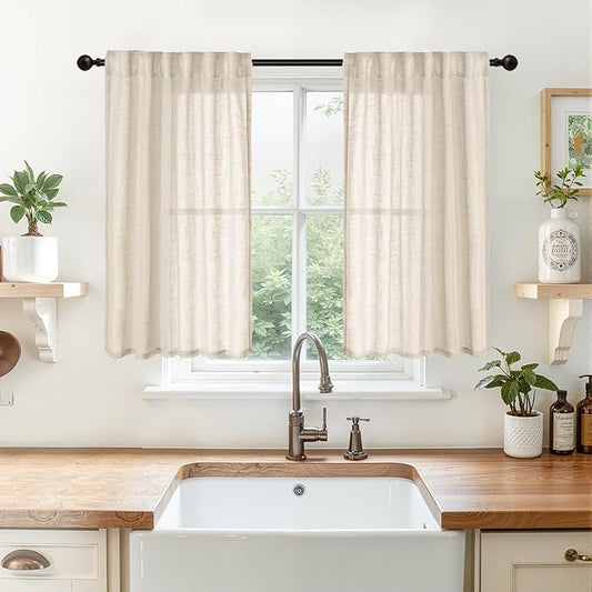 YoungsTex 40 Inches Long Linen Semi Sheer Curtains 40 Inch Length for Kitchen Cafe Window, Oatmeal Short Drapes Textured Light Filtering with Rod Pocket Back Tab for Bathroom, 2 Panels, 34 X 40 Inch