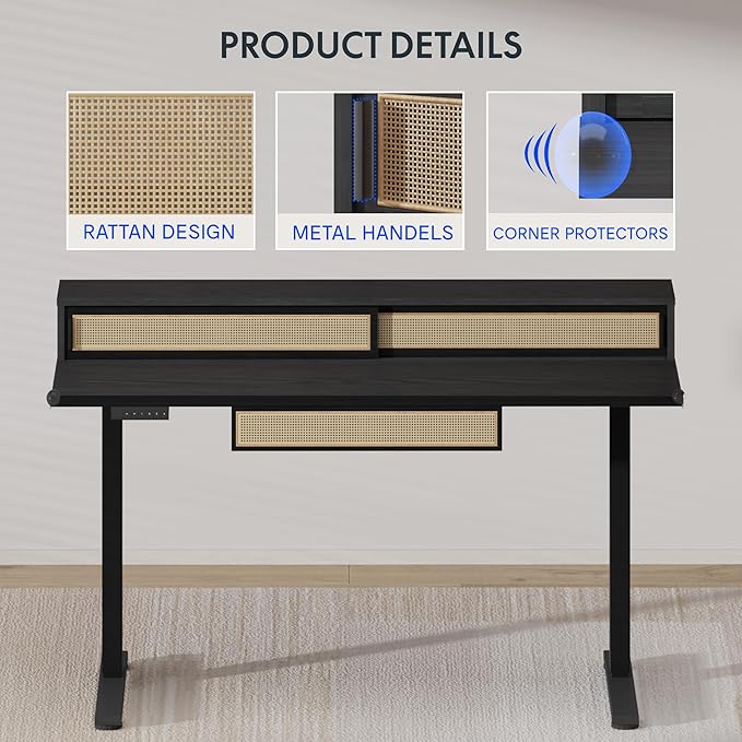 FLEXISPOT Q4 One-Piece Standing Desk with Rattan Drawers, 55 x 24 Inch Adjustable Height, Electric Stand Up Table with Monitor Shelf, Home Office Ergonomic Computer Desk with Memory Presets, Black