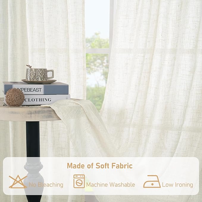 LAMIT 54 Inch Semi Sheer Window Linen Curtains, Light Filtering Panels Back Tab and Rod Pocket Neutral Drapes for Bedroom/Living Room, Cream, 2 Panels, 34 x 54 Inch