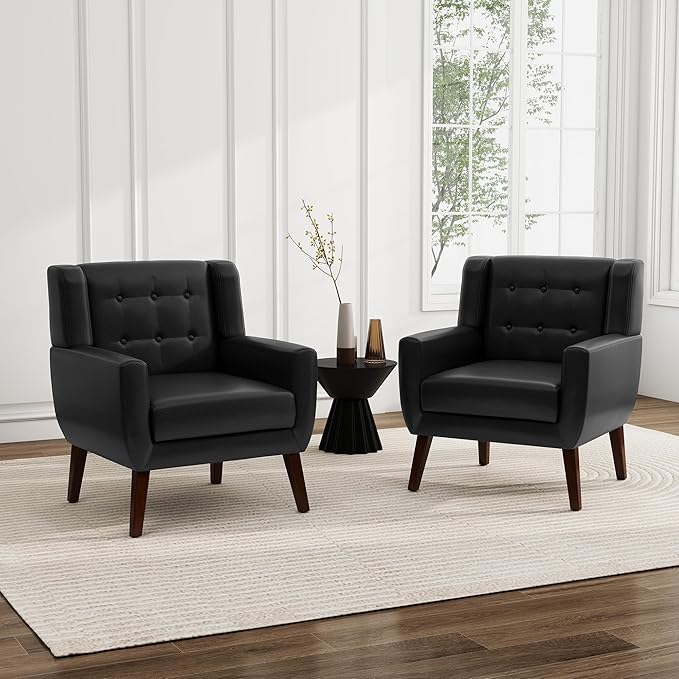 UIXE PU Leather Accent Chairs Set of 2, Modern Arm Club Chair Upholstered Armchair for Living Room, Comfy Single Sofa Seats Button Tufted Reading Seating, Black