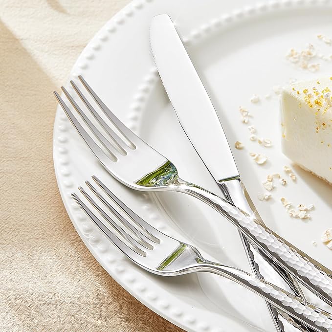 Kingstone Hammered Silverware Set, 5-Piece Flatware Set for 1, 18/10 Stainless Steel Heavy Duty Cutlery Set, Mirror Polished Utensil Sets for Home, Restaurant, wedding, Dishwasher Safe