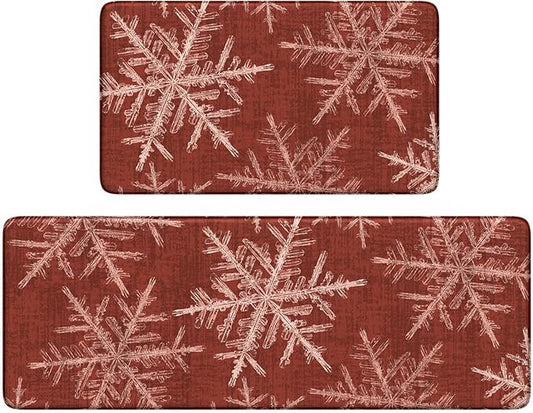 Snowflake Christmas Kitchen Mat, Anti Fatigue Mats for Kitchen Floor Cushioned Red Kitchen Rugs Non Slip, Floral Ergonomic Waterproof Standing Mat for Home Decor,Laundry,Sink