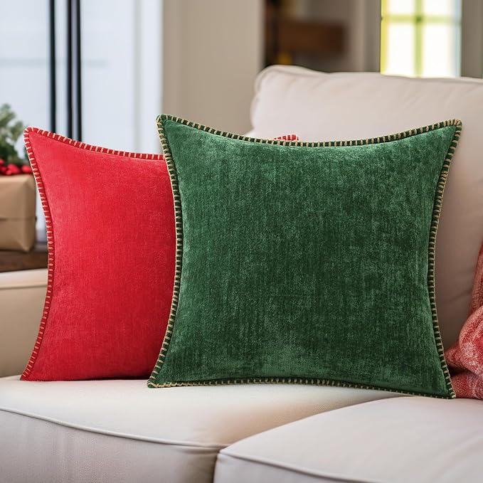 decorUhome Christmas Chenille Soft Throw Pillow Covers 24x24 Set of 2, Farmhouse Velvet Neutral Decorative Euro Pillow Covers with Stitched Edge for Couch Sofa Bed Home Decor, Green