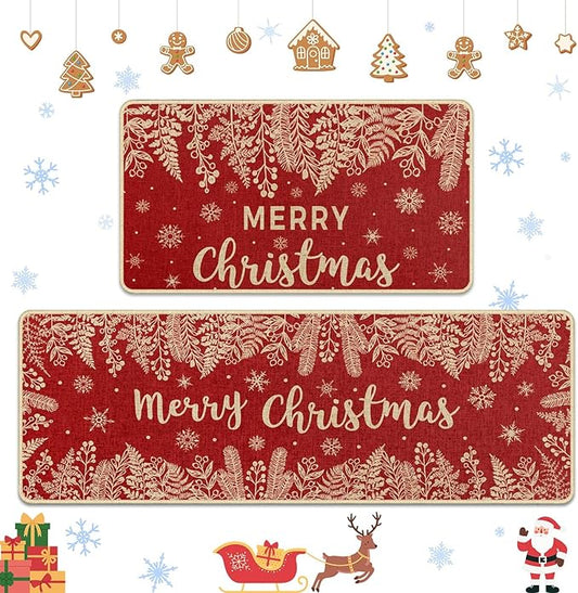 Christmas Red Holly Pine Kitchen Rugs and Mats Non Skid Washable Set of 2, Branches Leaves Xmas Kitchen Mats for Floor Decor