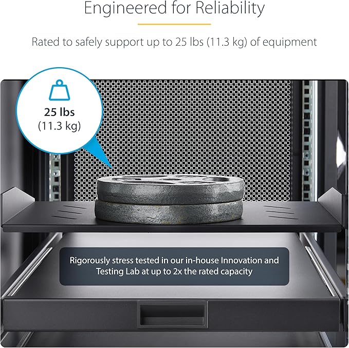 StarTech.com 1U Vented Server Rack Shelf, 12in/31.5cm Mounting Depth, for 19" Rack/Cabinet, SPCC Steel, Max 25lb/11.3kg