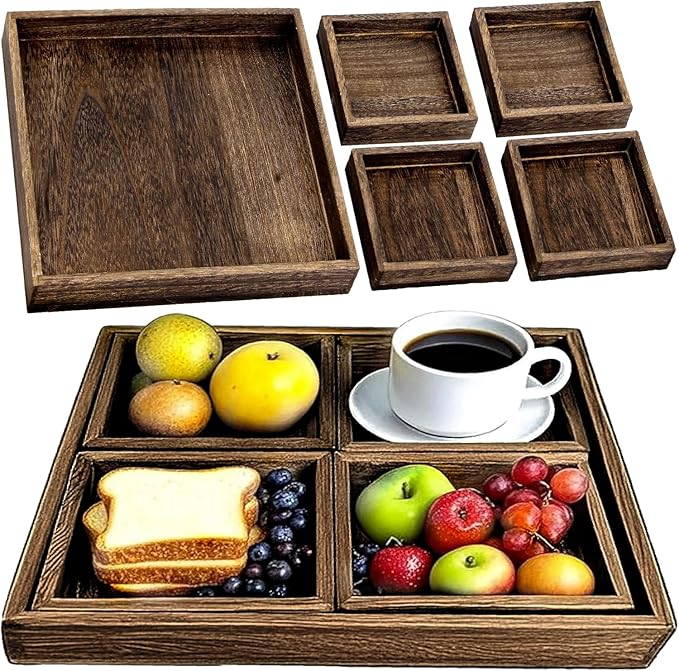 Rustic Wooden Serving Trays with Handle, Serving Platters, Charcuterie Board Set of 5 Nesting Food Trays for Serving Food, Home Decor/Breakfast/Coffee Table/Butler/Ottoman/Bed Tray