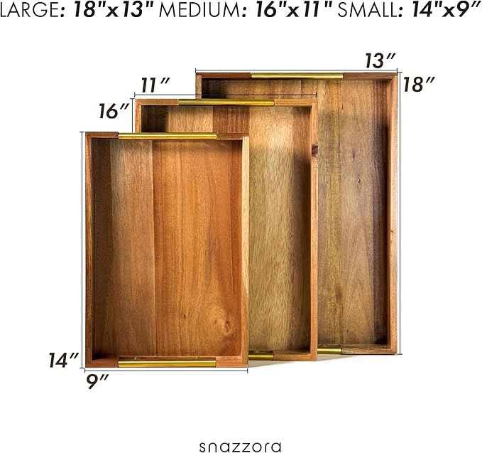 Acacia Wood Serving Tray - Set of 3 with Golden Steel Handles 18", 16" & 14" with 6 Coasters - for Coffee Table, Ottoman in Living Room, Breakfast in Bed, Jewelry, Decorative