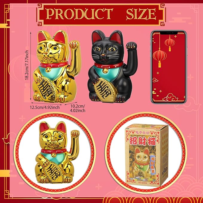 2 Pcs 7 Inch Lucky Cat Waving Arm Maneki Neko Lucky Fortune Cat Fengshui Welcoming Decoration for Home Office Restaurant Shop Gifts Decor Battery Operated (Battery Not Included)
