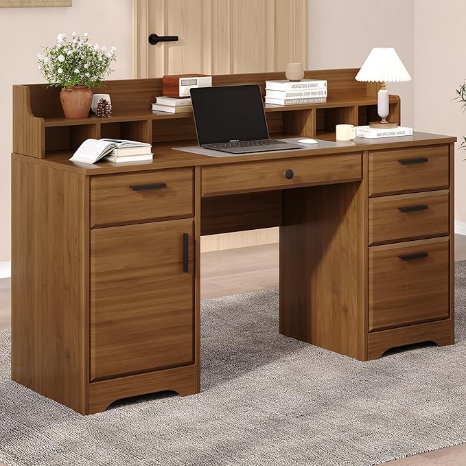 Executive Desk with File Drawers,Computer Desk with Storage,58 Inch Home Office Desk with Storage Cabinet for Bedroom, Rustic Brown