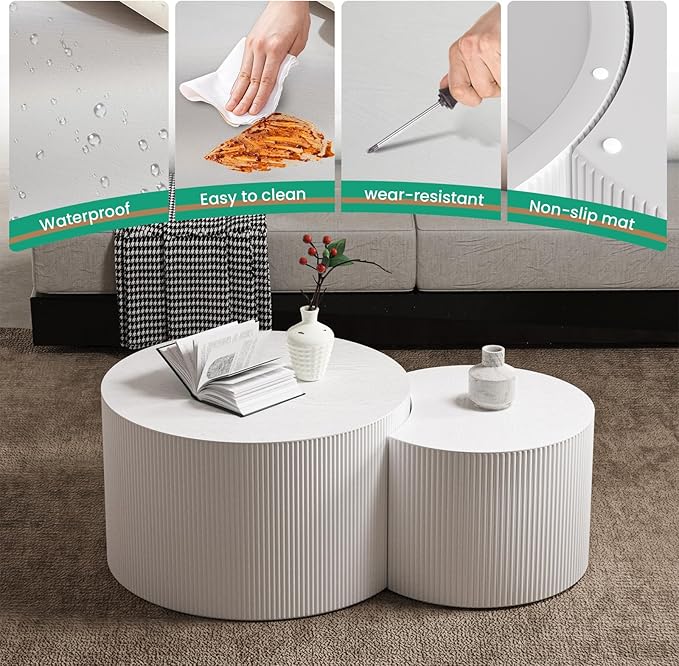 Nesting Coffee Tables Set of 2 Wooden Round Coffee Table Circle Nesting Table Space-Saving Design Modern Coffee Table Round Accent Tables Set for Living Room Bedroom Office (White A D27.5+D19.7“)