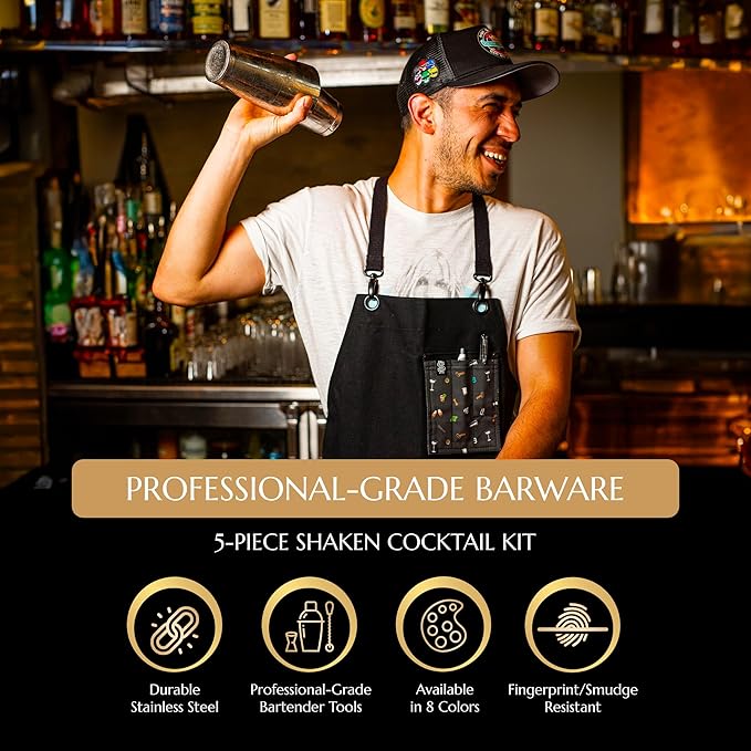 5 Piece Cocktail Kit by Bull In China - Premium Bartender Gift Set Includes Weighted 2 Piece Boston Shaker, Hammered Bell Jigger, Hawthorne Strainer & Fine Mesh Strainer (Stainless Steel)