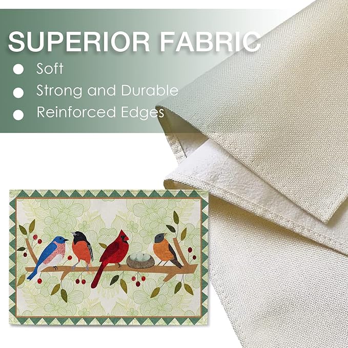 Seliem Spring Birds Tree Branches Placemats Set of 4, Cardinal Bluebird Bullfinch Dining Table Place Mats, Summer Seasonal Farmhouse Kitchen Decor Home Decoration 12 x 18 Inch