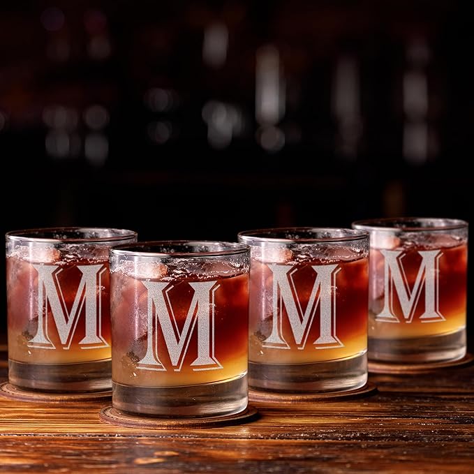 (W-Monogram)- 4 Piece Set of 11 Ounce Engraved Heavy Base Rocks Glasses- Quality Elegant Glass-Multi-Purpose Beverage-Rocks Glass- For any Occasion- By: On The Rox