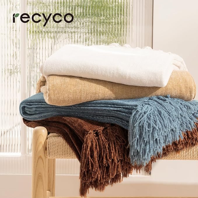 RECYCO Throw Blanket Soft Cozy Chenille Throw Blanket with Fringe Tassel for Couch Sofa Chair Bed Living Room Gift (Beige, 60" x 80")