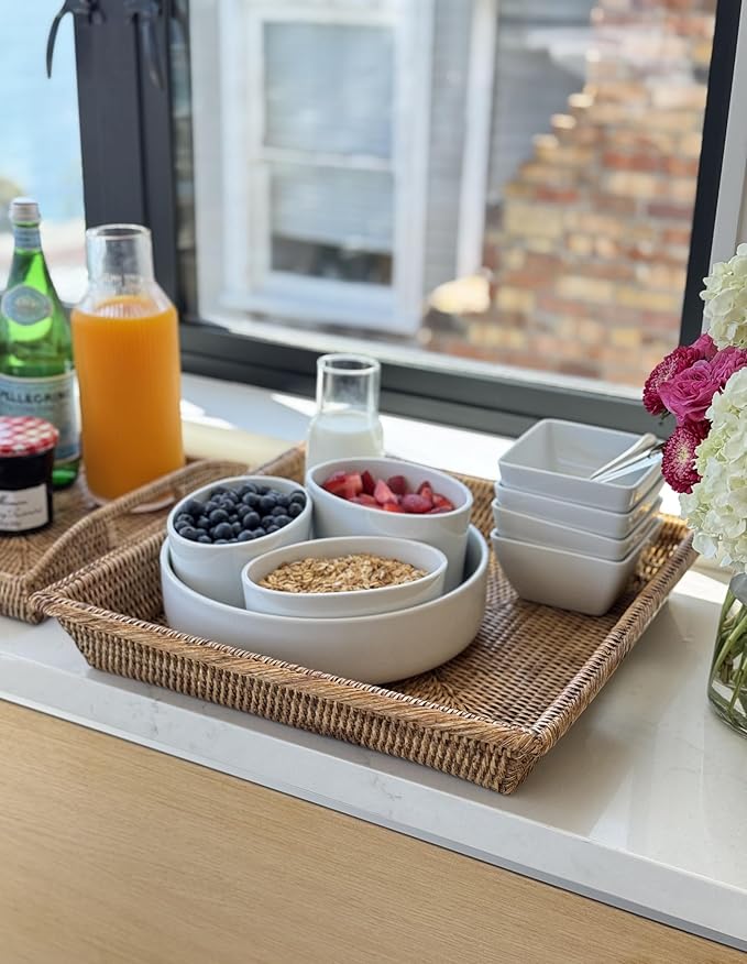 KOUBOO La Jolla Rattan Square Serving Baskets & Trays -Table Tray, Organize Your Home, Storage Tray for Kitchen, Dining & Coffee Tables, Honey Brown, 17.5" x 17.5" x 2.75"