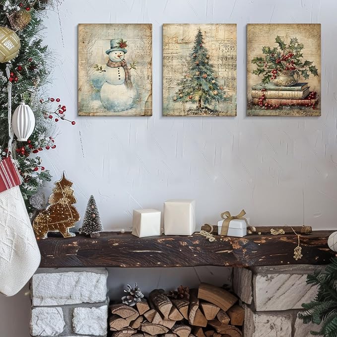 DSHFG Vintage Christmas Wall Art Decor, Retro Christmas Santa Trees Book Wall Decor Canvas Set of 3, Retro Christmas Decorations for Home Bedroom Bathroom Kitchen Living Room, 14x11 Inch Framed