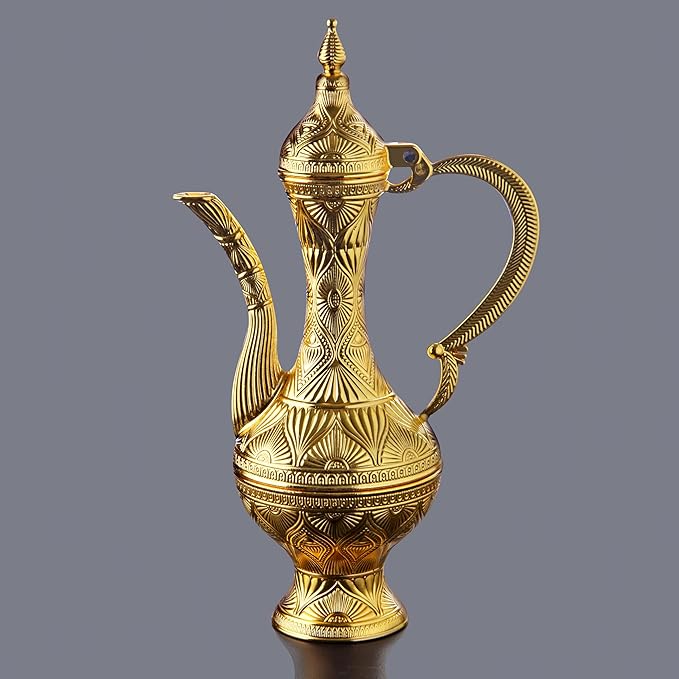 Alisveristime Small Decorative Zamac Ewer – Miniature Ottoman-Inspired Ornate Pitcher with Lid for Home Décor (8.27” x 4.72” x 2.76”) (Gold)