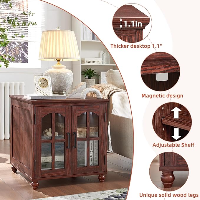 Farmhouse 24" End Table Set of 2 with Charging Station, Large Sofa Side Table with Glass Barn Door,Wood Night Stand with Adjustable Storage Shelf,Square Bedside Table for Living Room,Bedroom