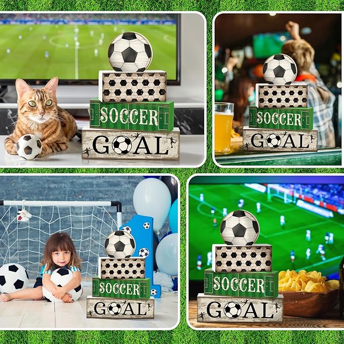 4 Pcs Soccer Party Decorations Soccer Table Centerpiece Football Tiered Tray Decor Wooden Ball Block Signs Gift Sports Themed Table Decorations for Boys Baby Shower Party Supplies Decor